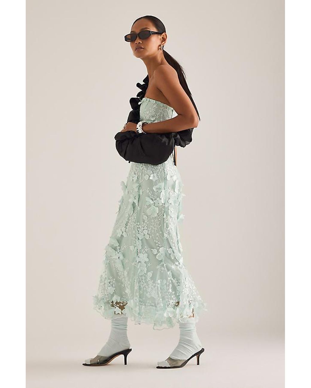 OperaSPORT Natural Naya 3D Floral Strapless Midi Dress