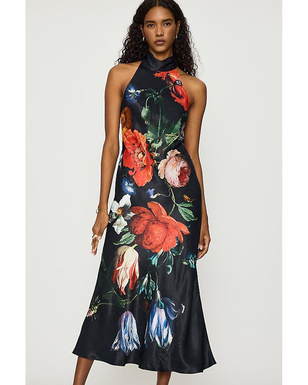By Anthropologie Multicolor Floral Satin Halter Tassel Maxi Dress