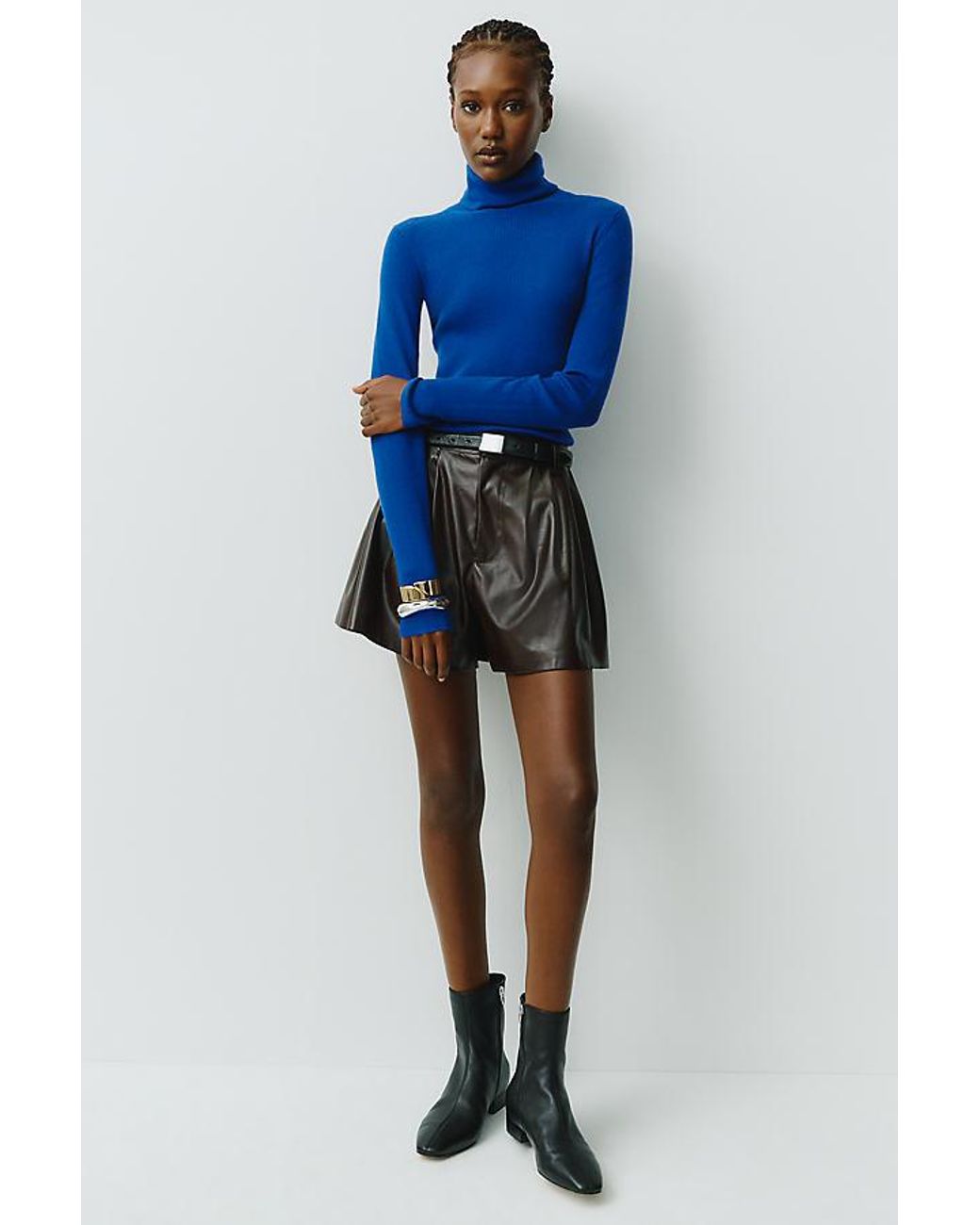 Maeve Blue 100% Cashmere Ribbed Turtleneck Top