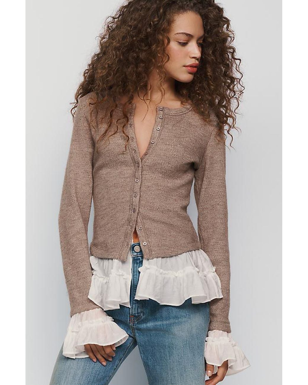 By Anthropologie Brown Twofer Ruffle Cardigan