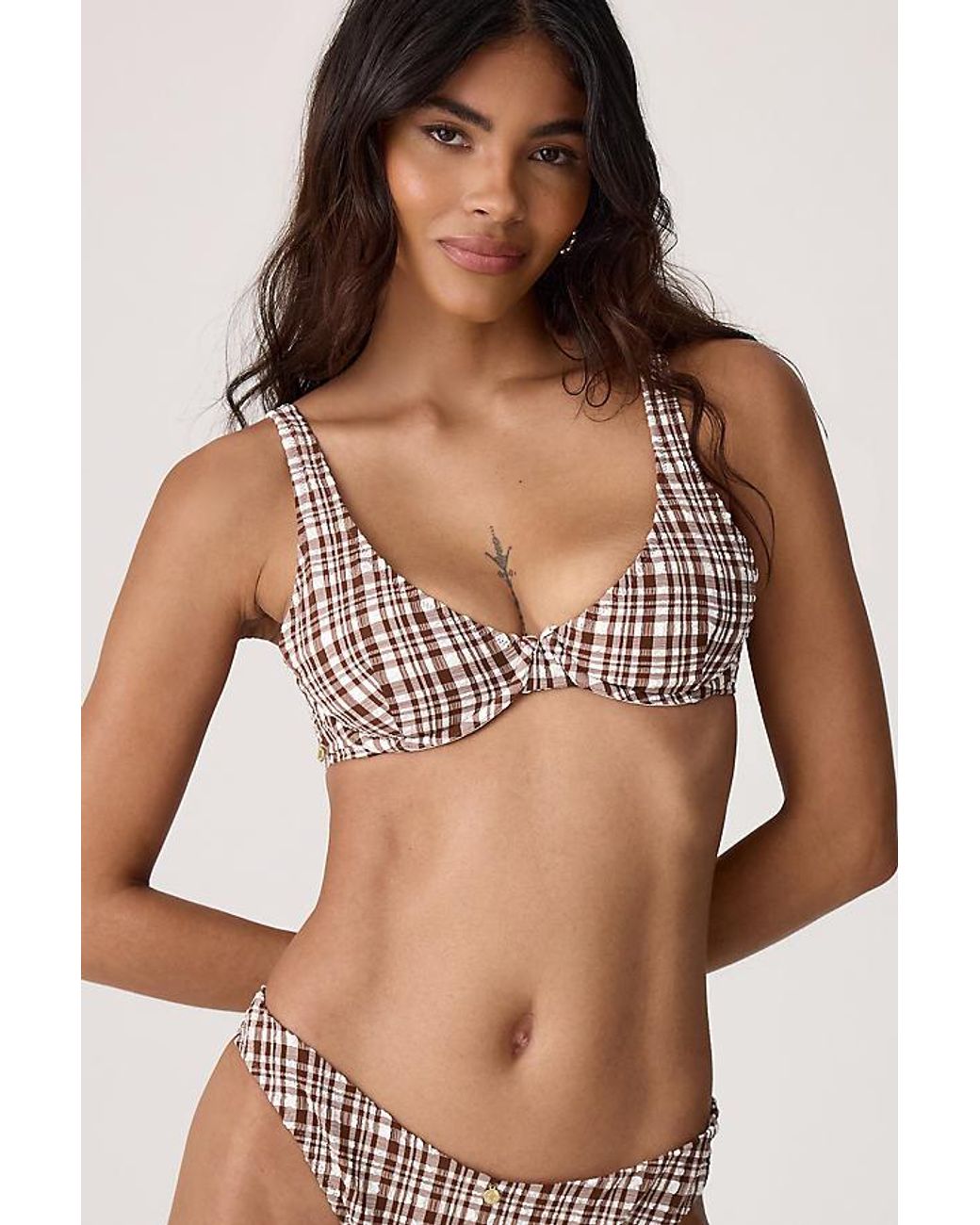 Rhythm Brown London Check High-Leg Bikini Bottoms
