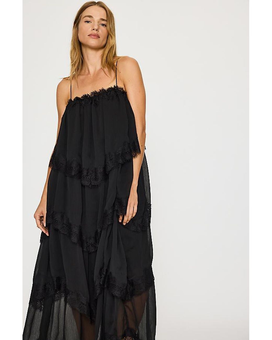 By Anthropologie Black Lace Ruffle Layered Maxi Dress