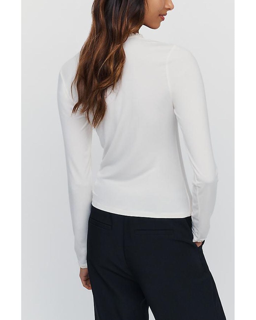 Maeve White Lace-Trim Long-Sleeve Top