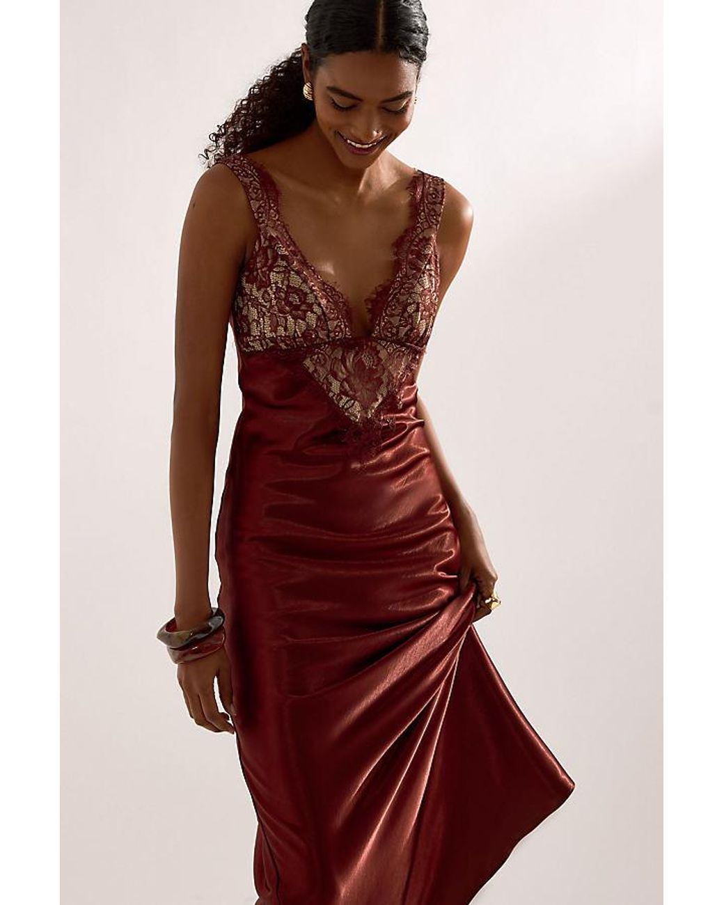 Bardot Red Torie Satin Lace Maxi Slip Dress