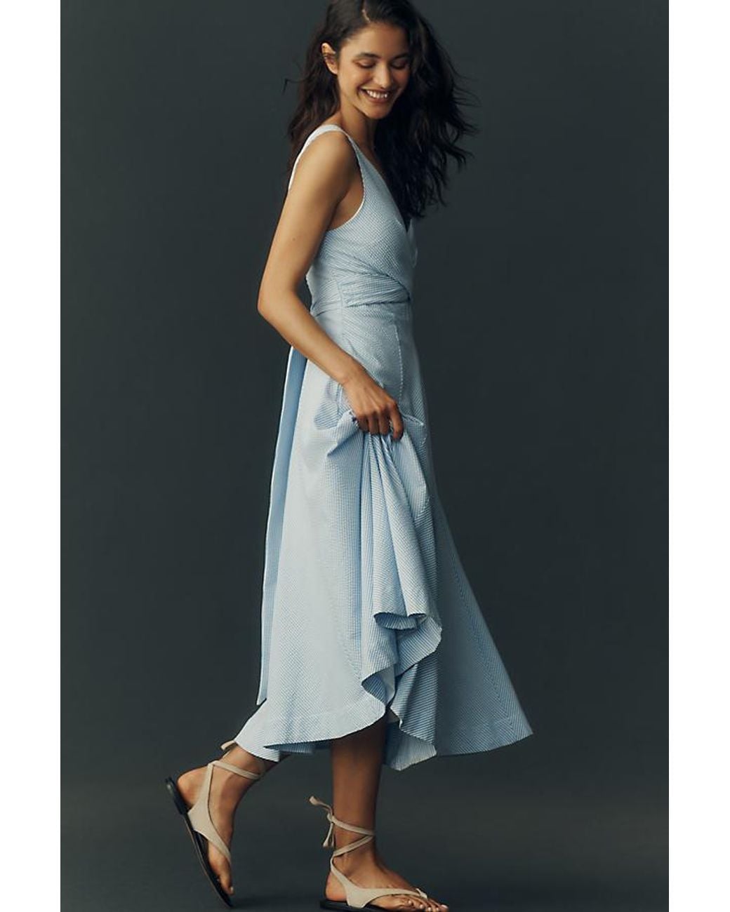 Maeve Blue Sleeveless V-Neck Stripe Seersucker Midi Dress