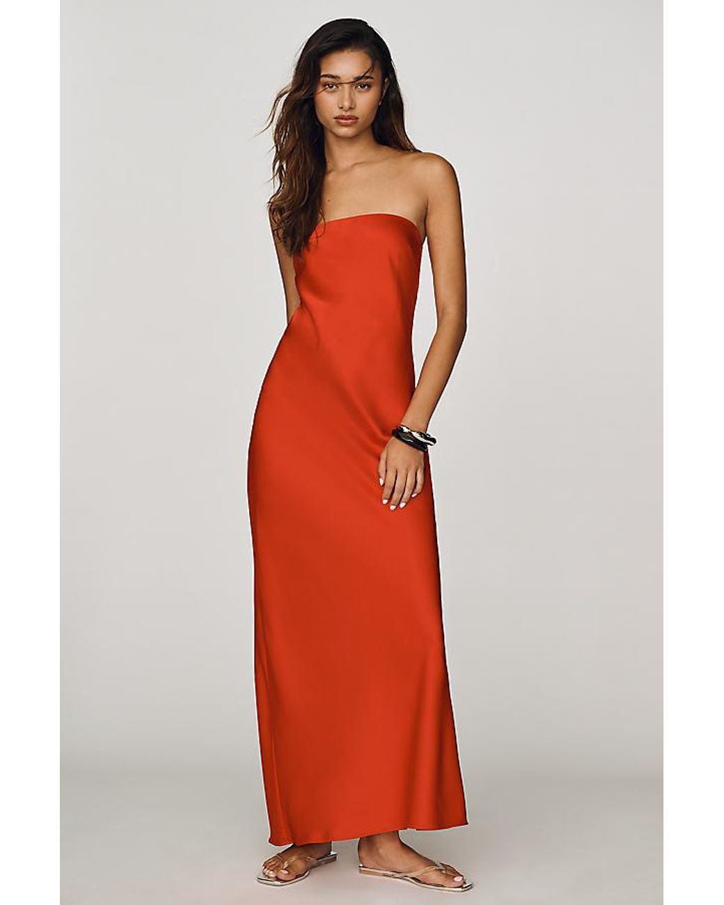 By Anthropologie Red The Fleur Strapless Satin Maxi Slip Dress