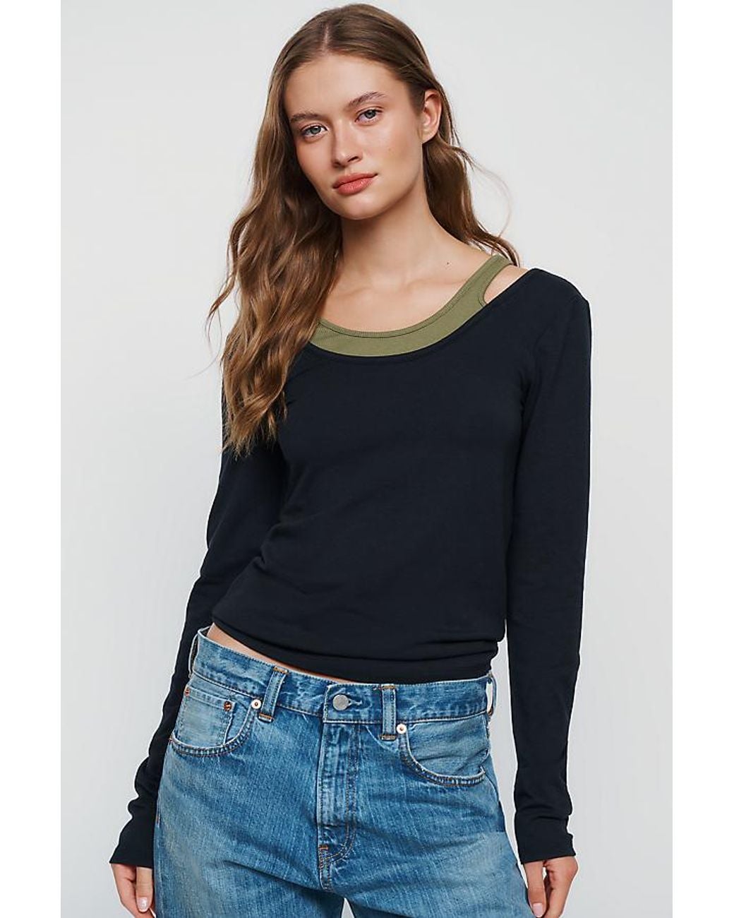 By Anthropologie Blue 100% Cotton Layered Ribbed Top