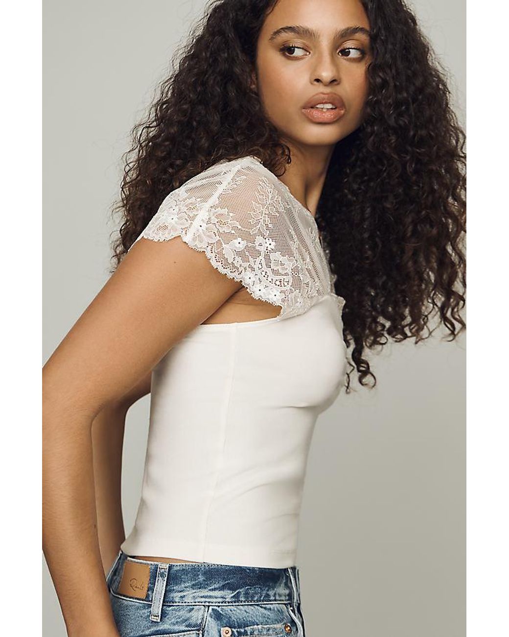 By Anthropologie Blue Lace Cap-Sleeve Top