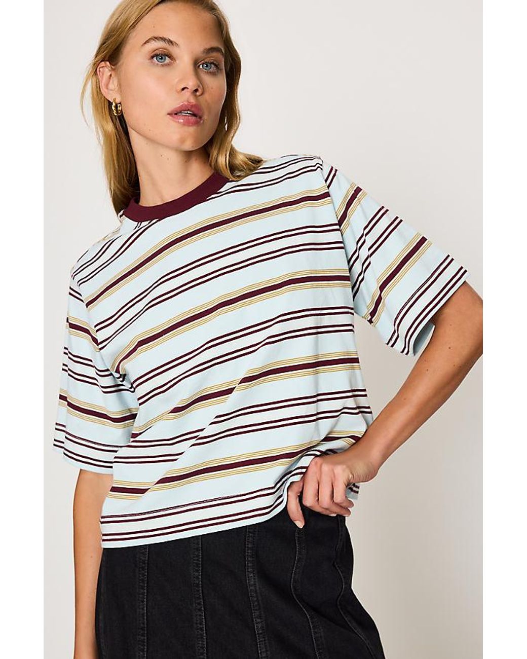 By Anthropologie Gray Boxy Stripe T-Shirt