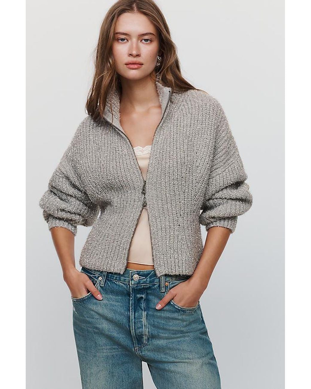 Pilcro Gray Zip-Through Mock-Neck Jumper