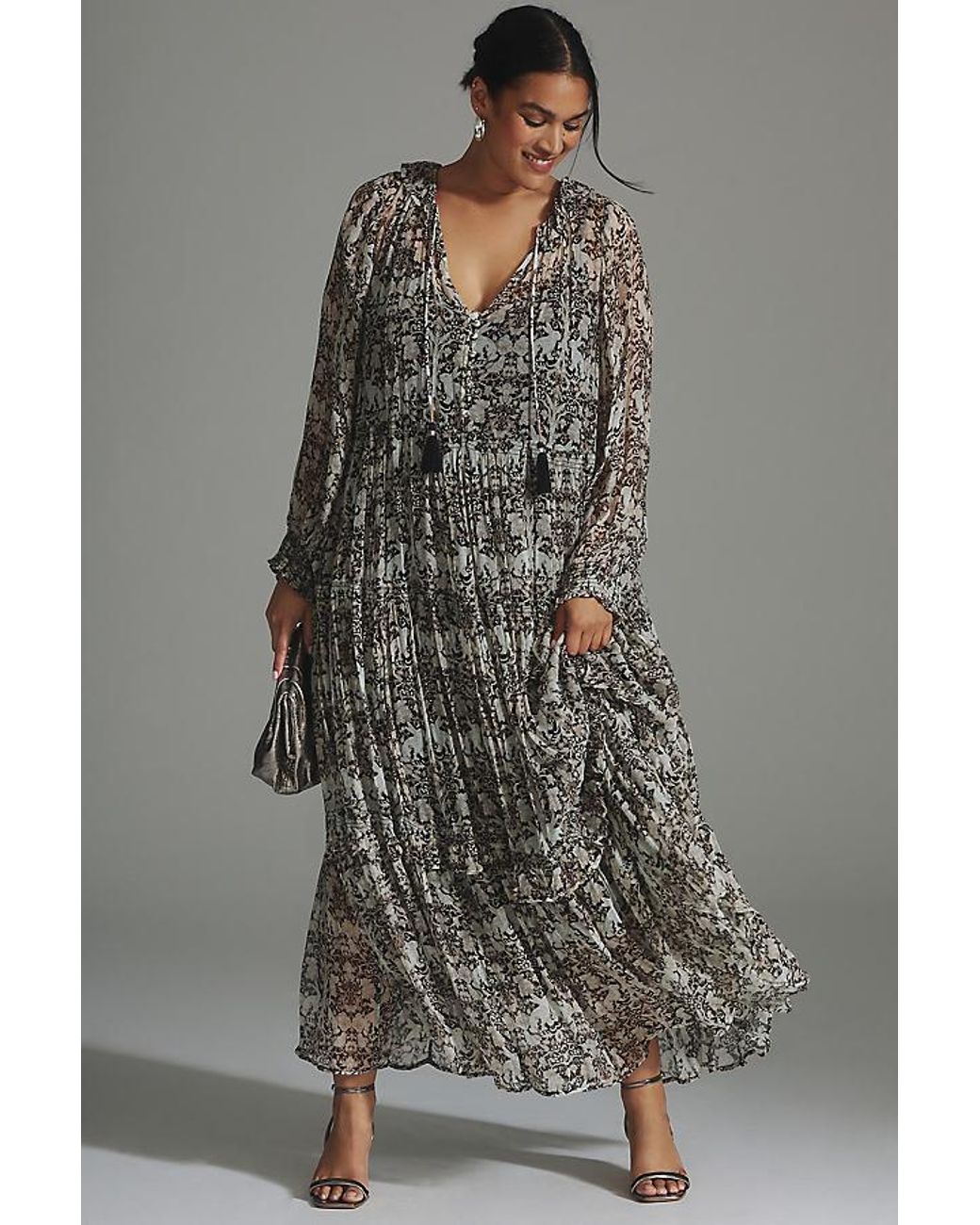 By Anthropologie Black The Marais Printed Chiffon Maxi Dress