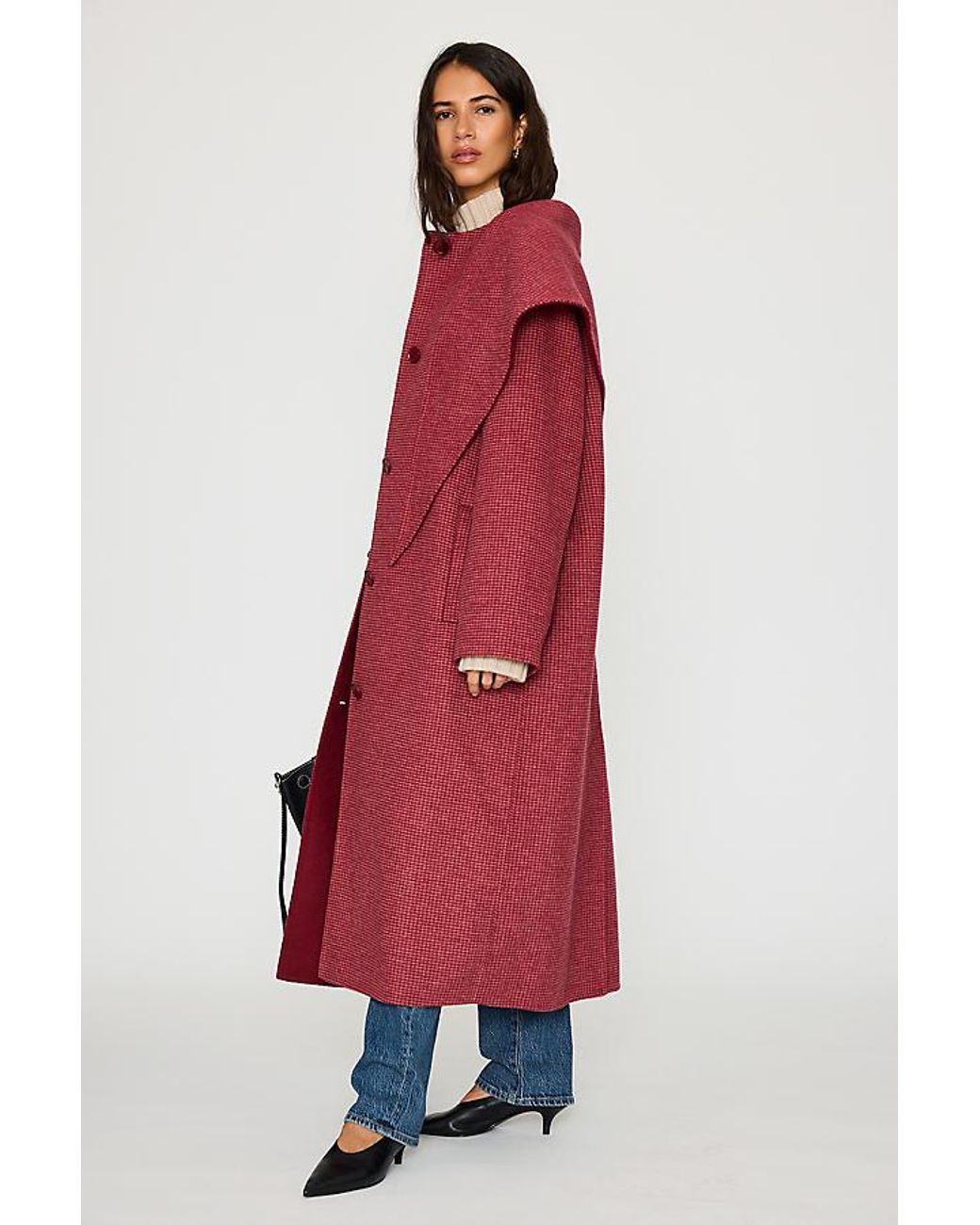 By Anthropologie Red Houndstooth Wool-Blend Scarf Coat