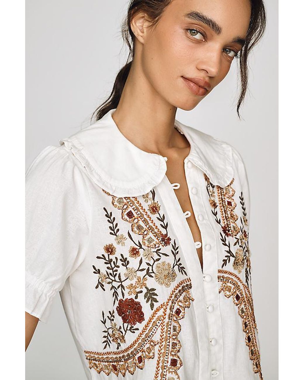 Pilcro Natural The Keira Collared Button-Front Blouse By Embroidered Edition