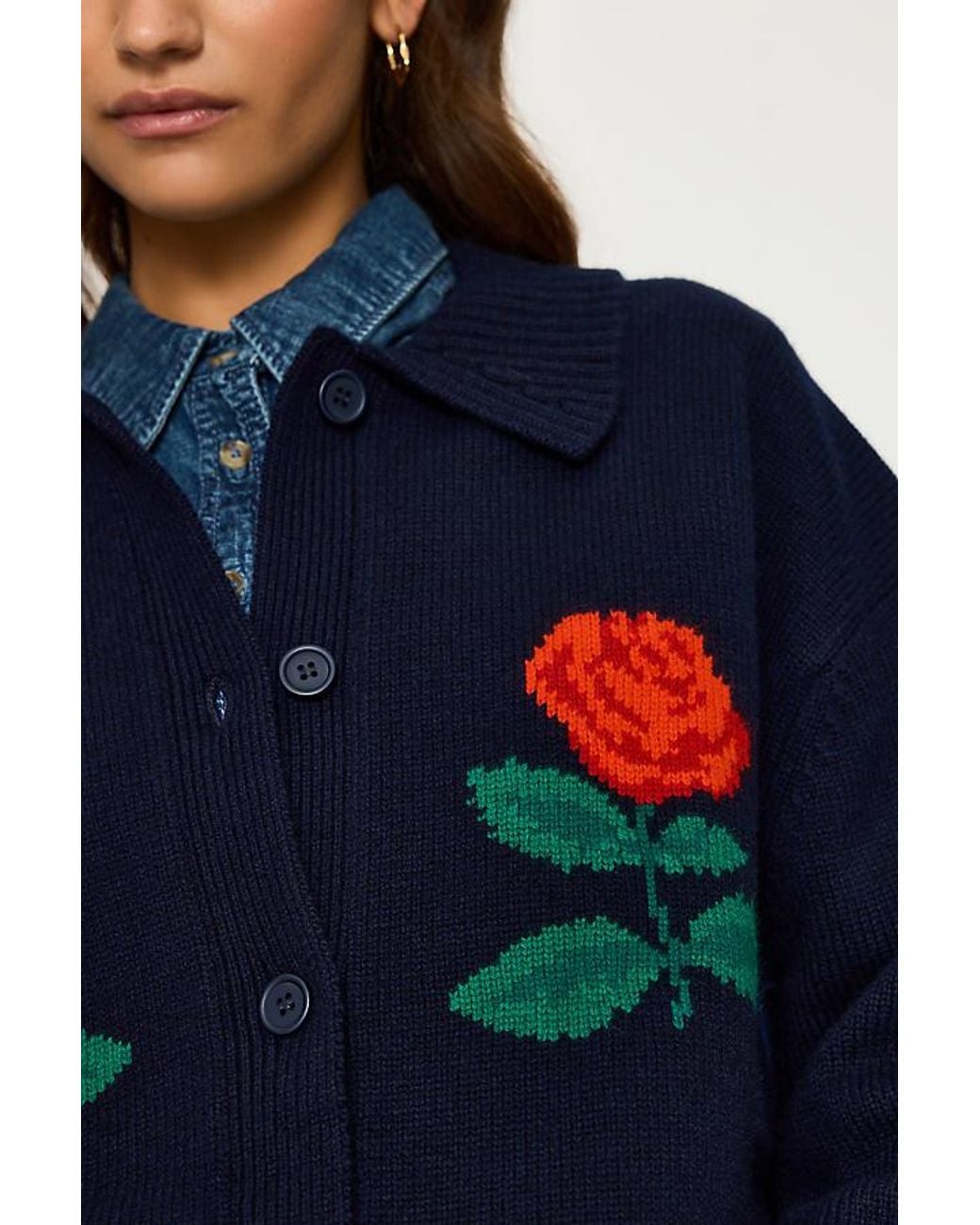 The Tiny Big Sister Blue Roses 100% Wool Oversized Cardigan