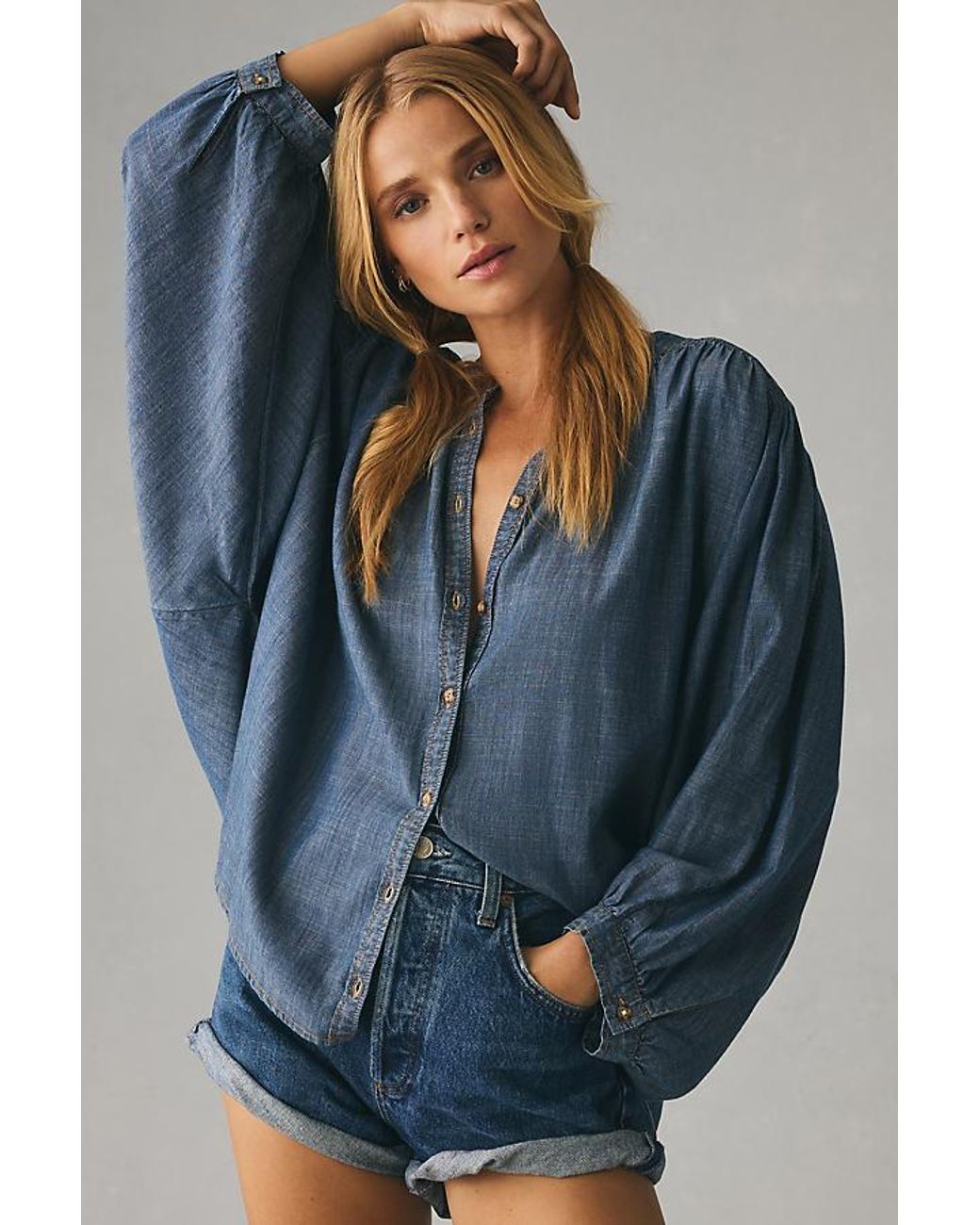 Pilcro The Sidney Batwing Blouse By : Chambray Edition in Blue