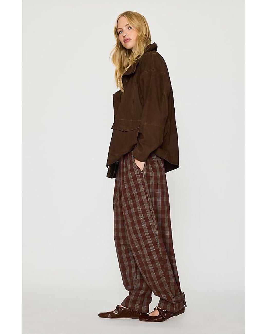 By Anthropologie Multicolor Billie Brushed Check Barrel Trousers