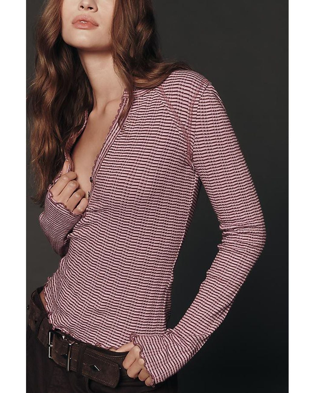 Pilcro Brown Long-Sleeve Ruffled Lace-Trim Top