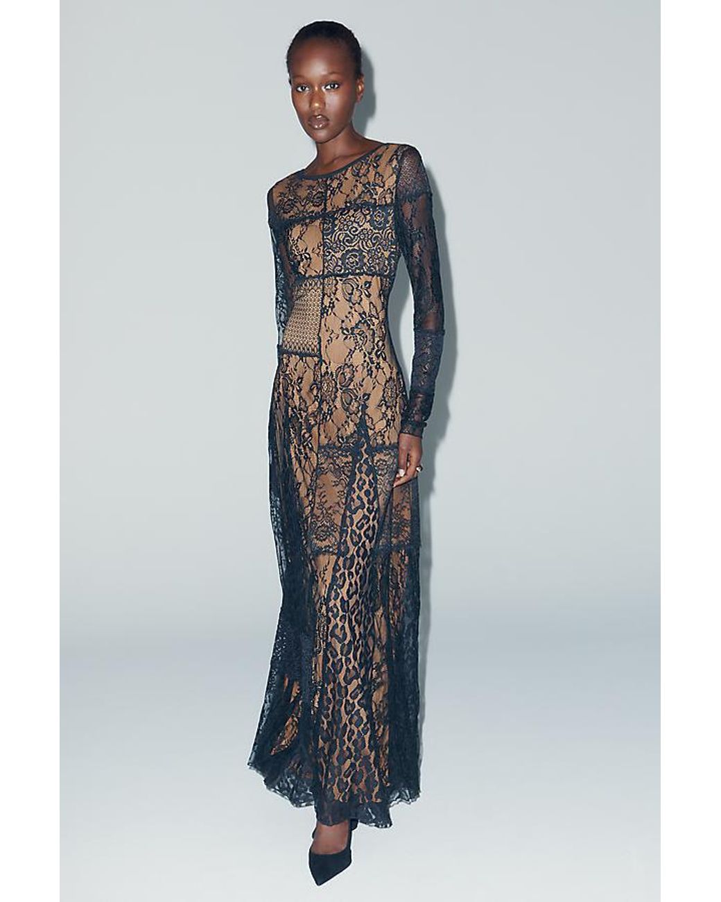 By Anthropologie Gray Long-Sleeve Mixed Lace Maxi Dress