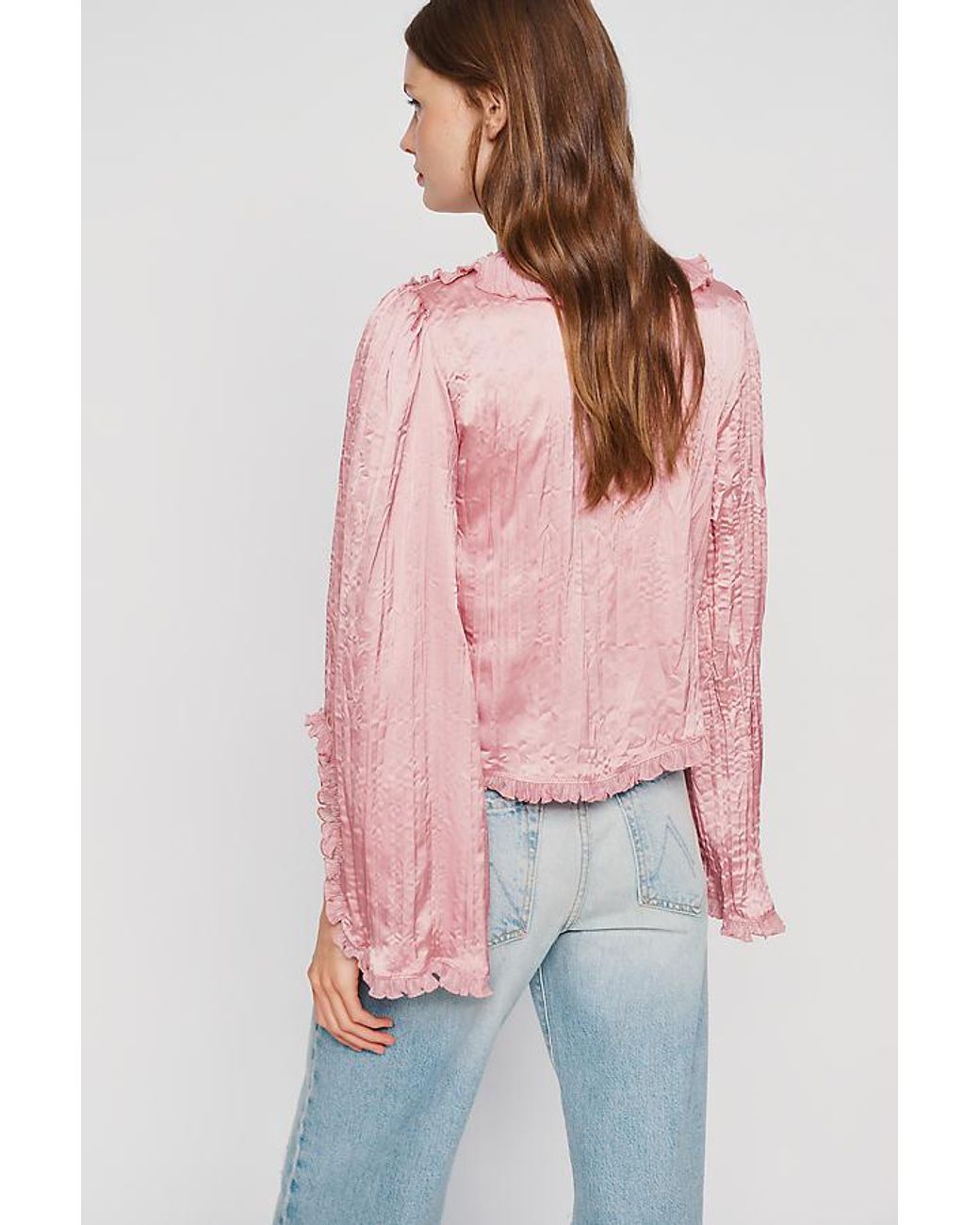 By Anthropologie Pink Mariana Satin Ruffled Tie-Front Blouse