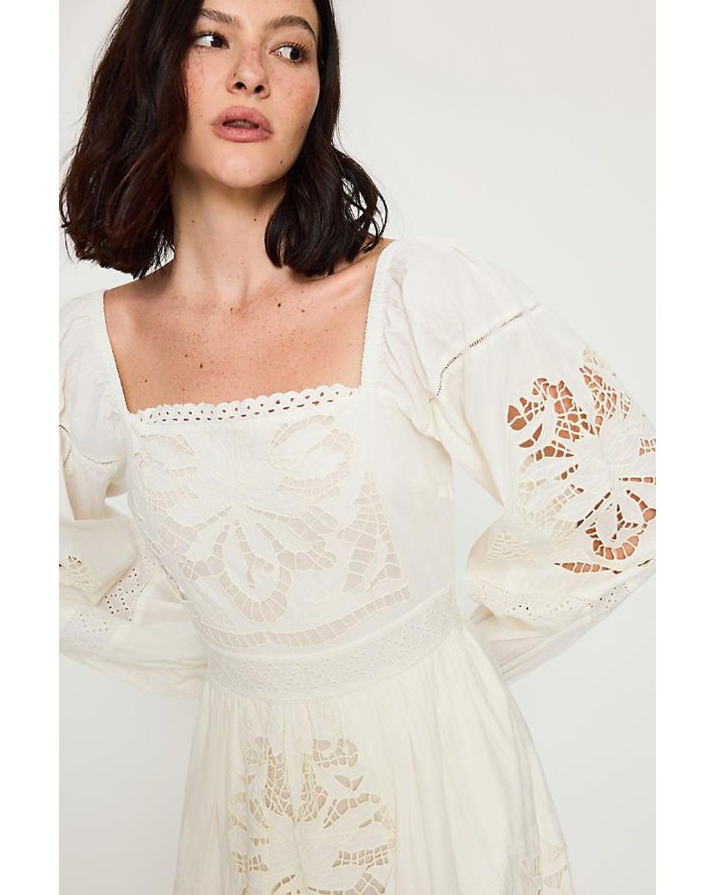 Bl-nk Natural Cutwork Long-Sleeve 100% Cotton Midi Dress
