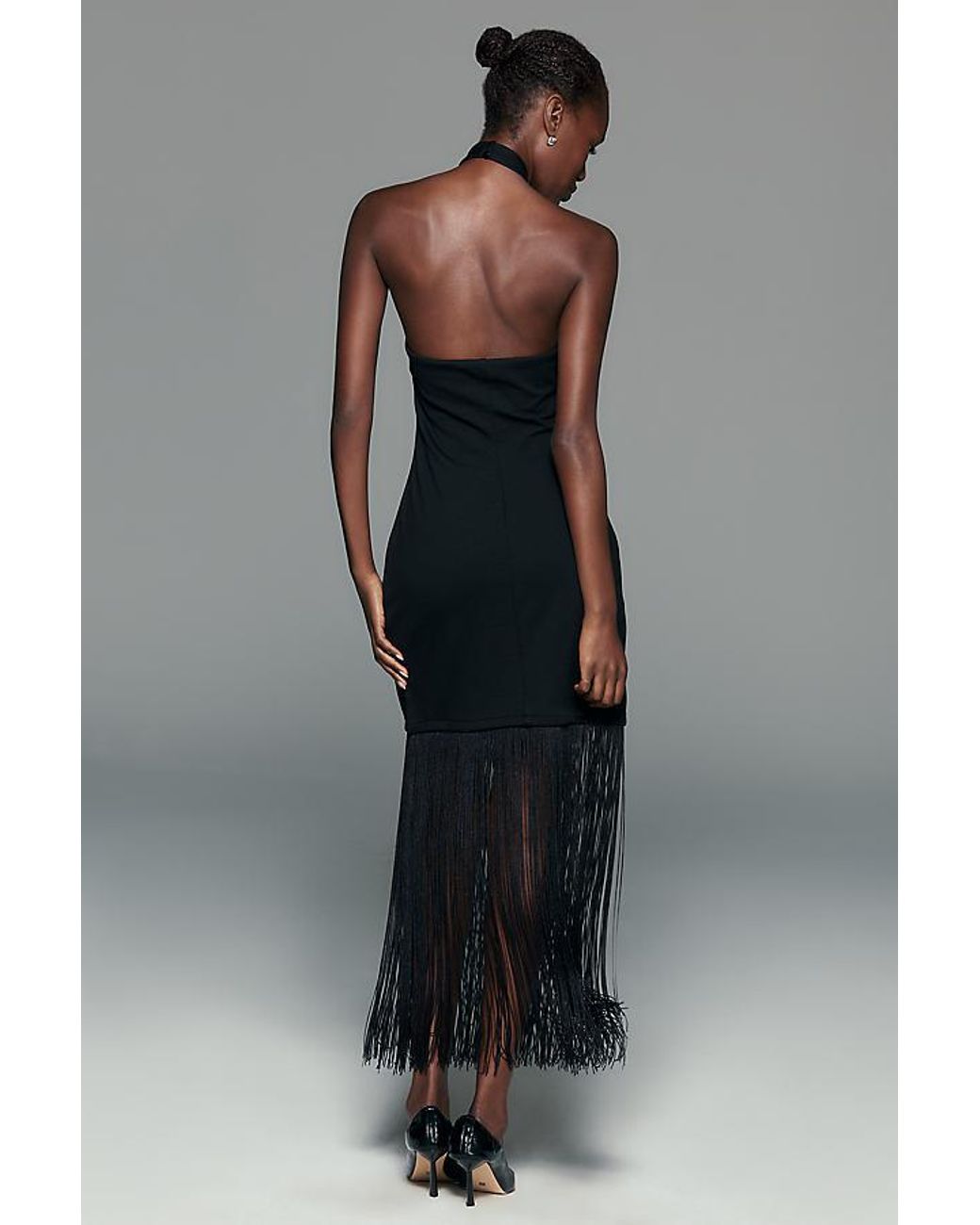 By Anthropologie Gray Jersey Fringe Midi Dress