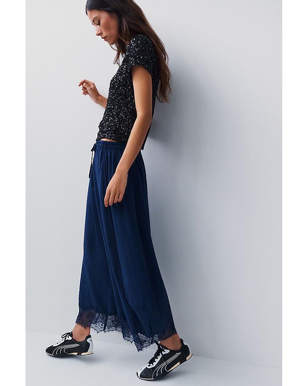 By Anthropologie Blue Reverie Cropped Lace-Hem Trousers