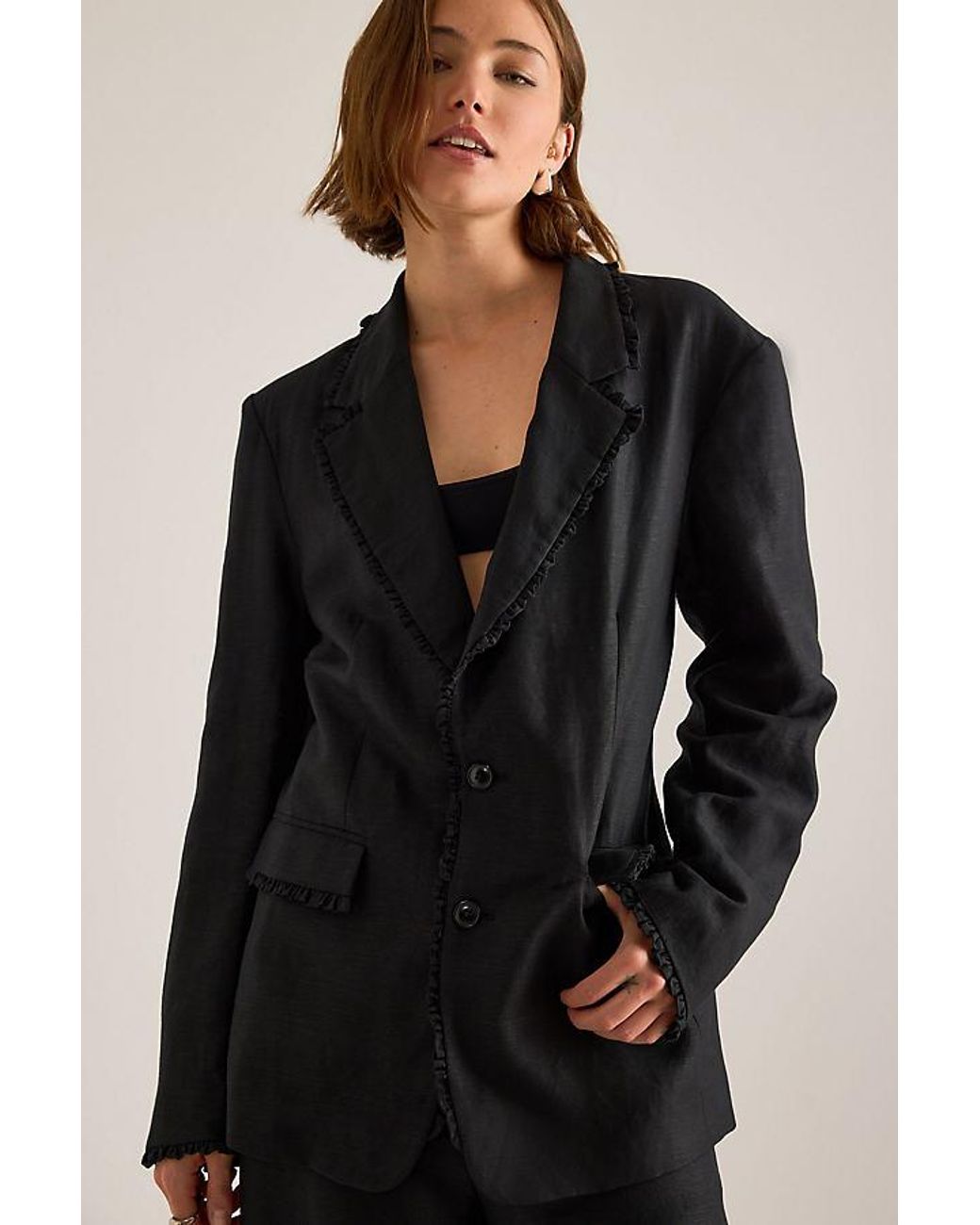 OperaSPORT Black Gia Ruffle Linen-Blend Blazer