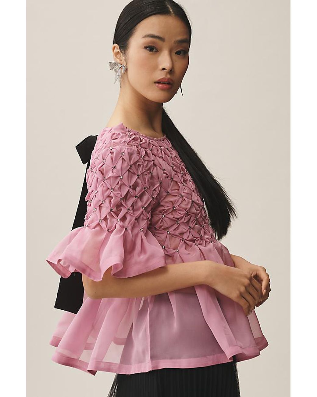 Maeve Short Sleeve Rhinestone Sheer Babydoll Blouse in Pink Lyst UK