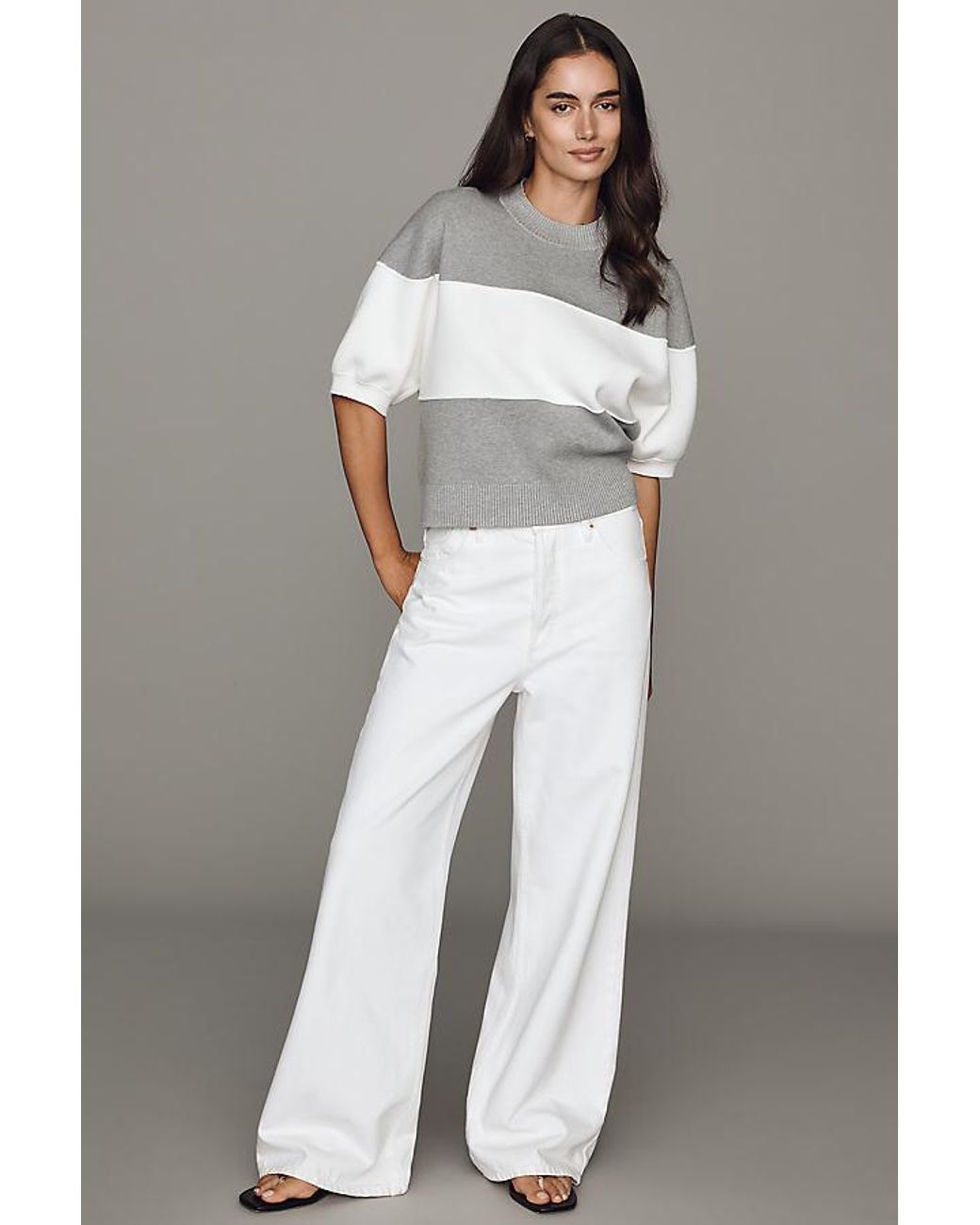 Maeve Gray Puff-Sleeve Knit Top