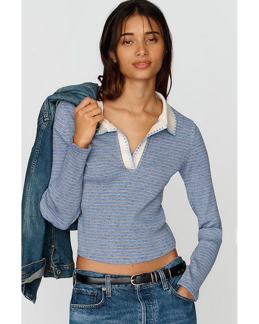 Pilcro Blue Cotton-Blend Stitchy Stripe Polo Top