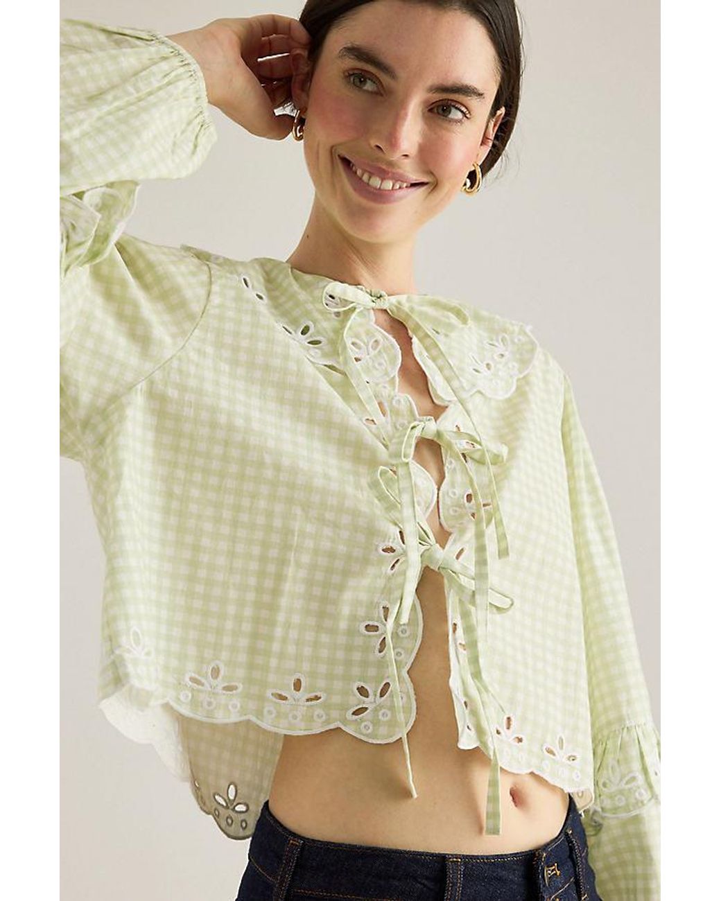 By Anthropologie Natural Gingham Tie-Front Blouse