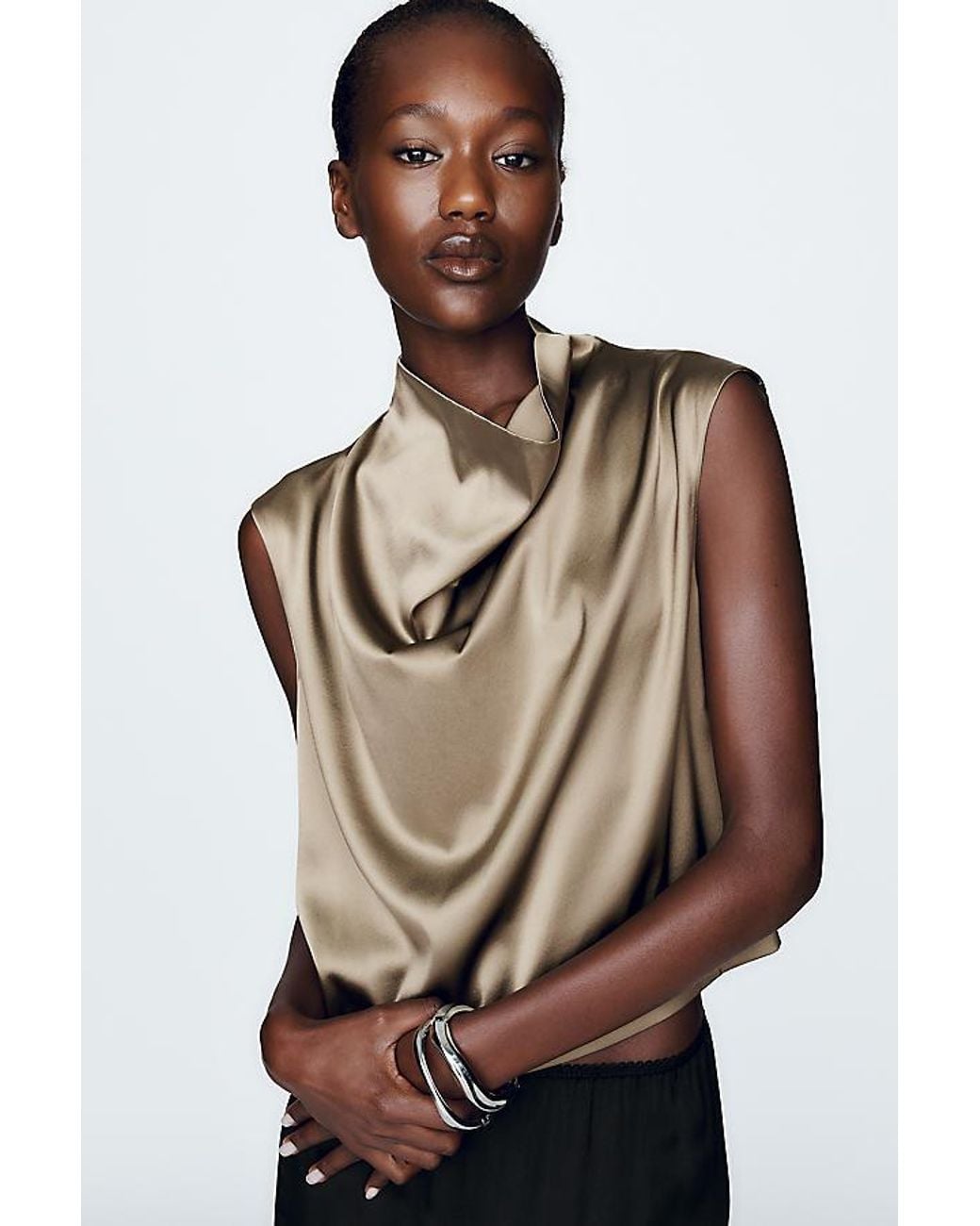 By Anthropologie Green Stretch Silk Cowl-Neck Top