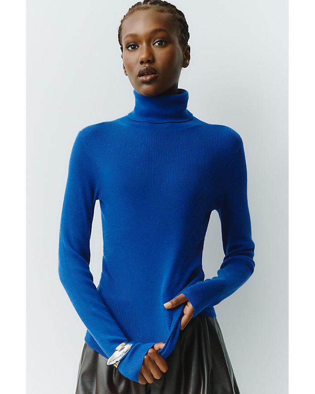 Maeve Blue 100% Cashmere Ribbed Turtleneck Top
