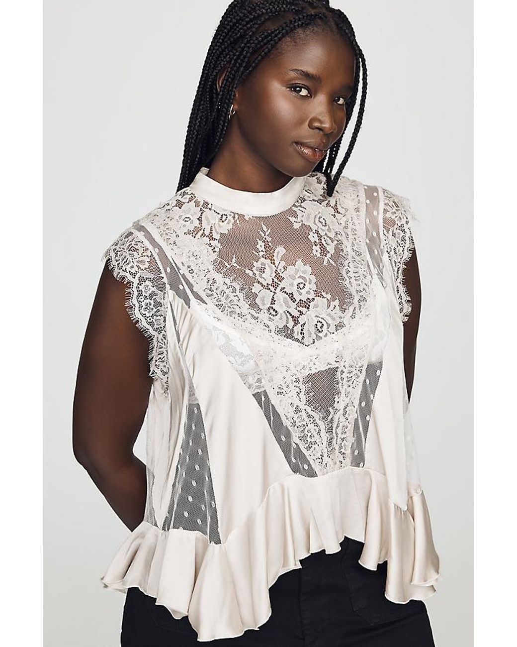 By Anthropologie Natural Harmony Sheer Lace Peplum Blouse