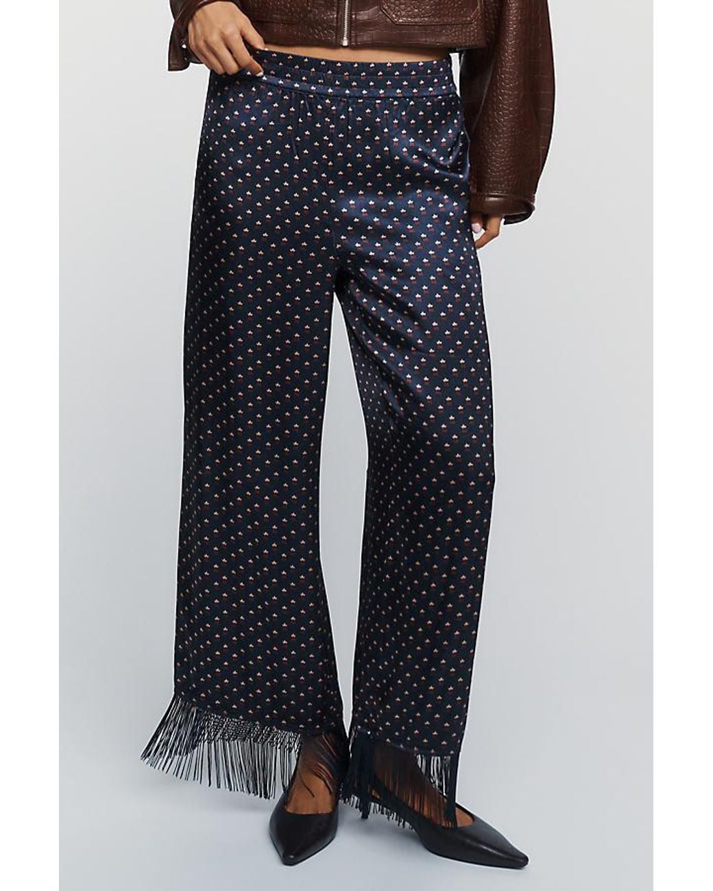 By Anthropologie Blue Silken Fringed Pull-On Trousers
