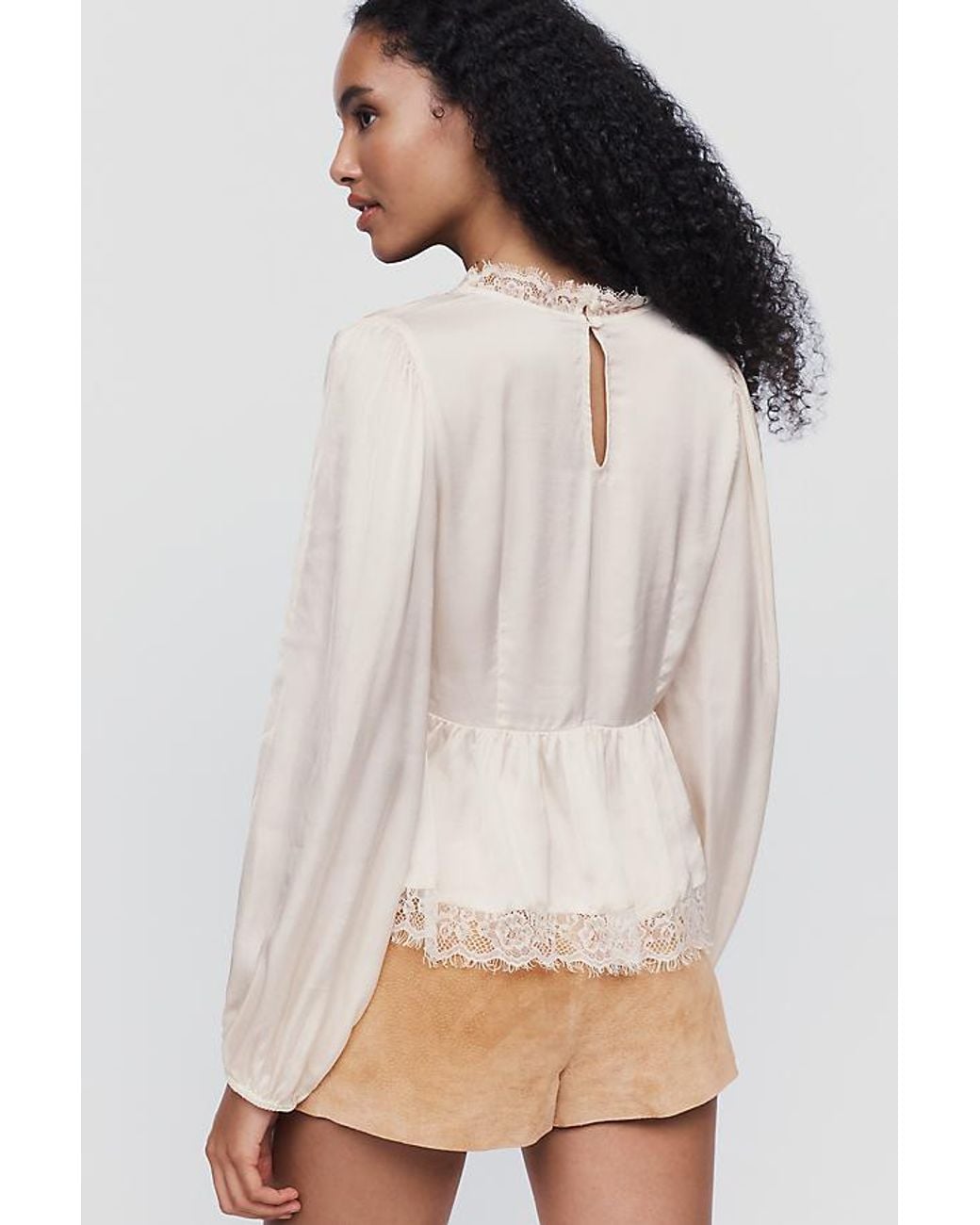 By Anthropologie Natural Satin Lace Trimmed Plunge Blouse