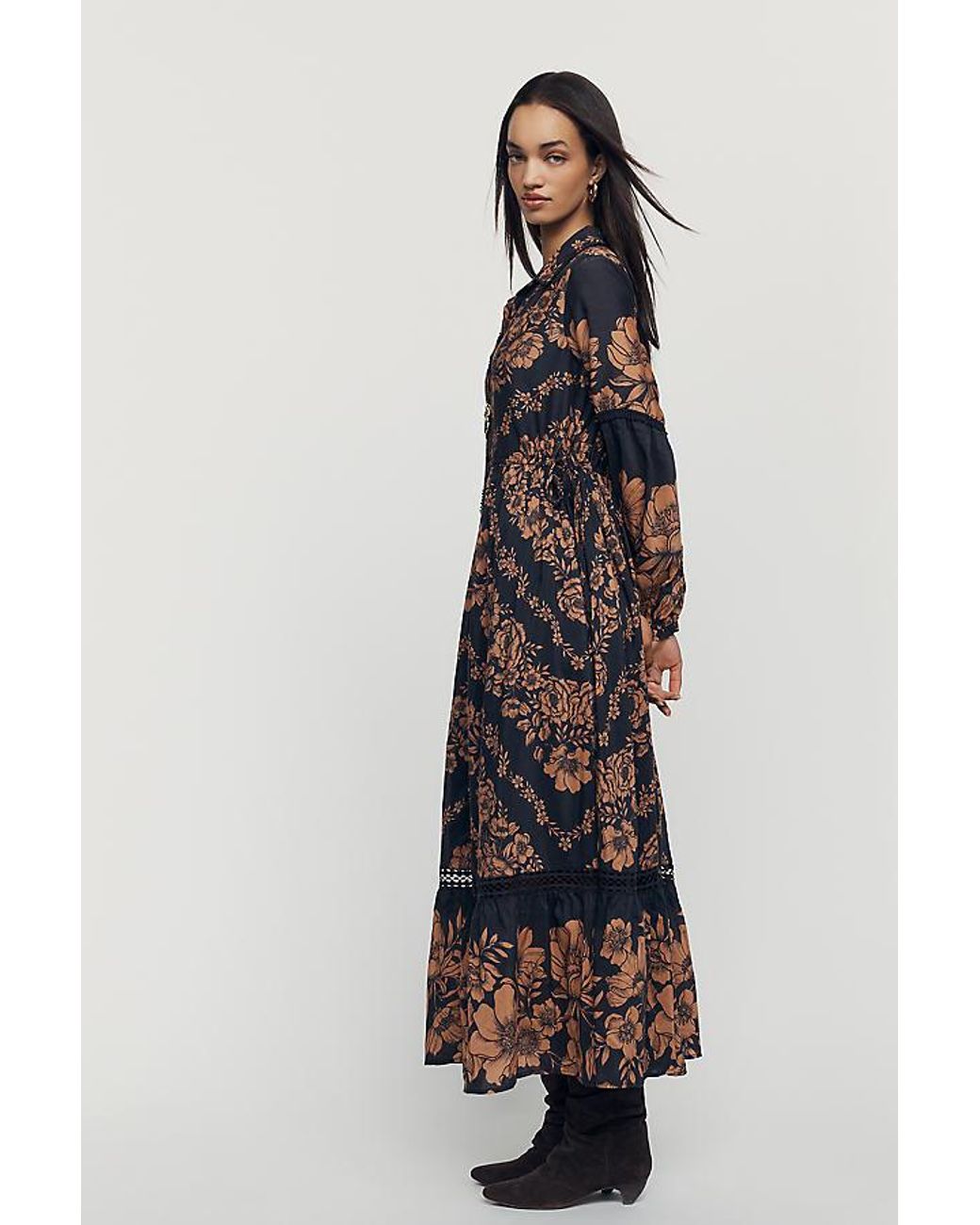 By Anthropologie Black Printed Buttondown Maxi Shirt Dress