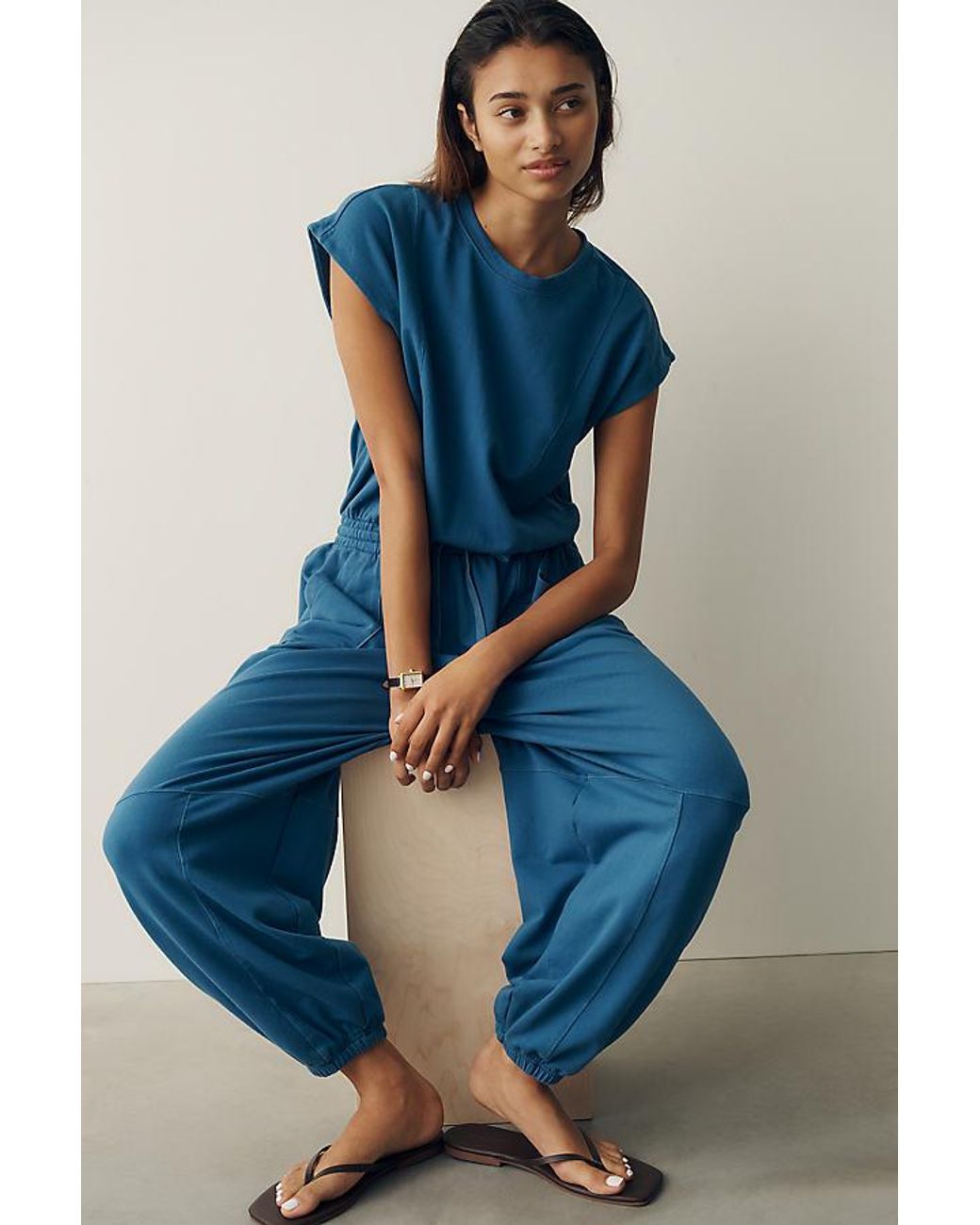 Daily Practice Blue Short Sleeve Knit Jumpsuit