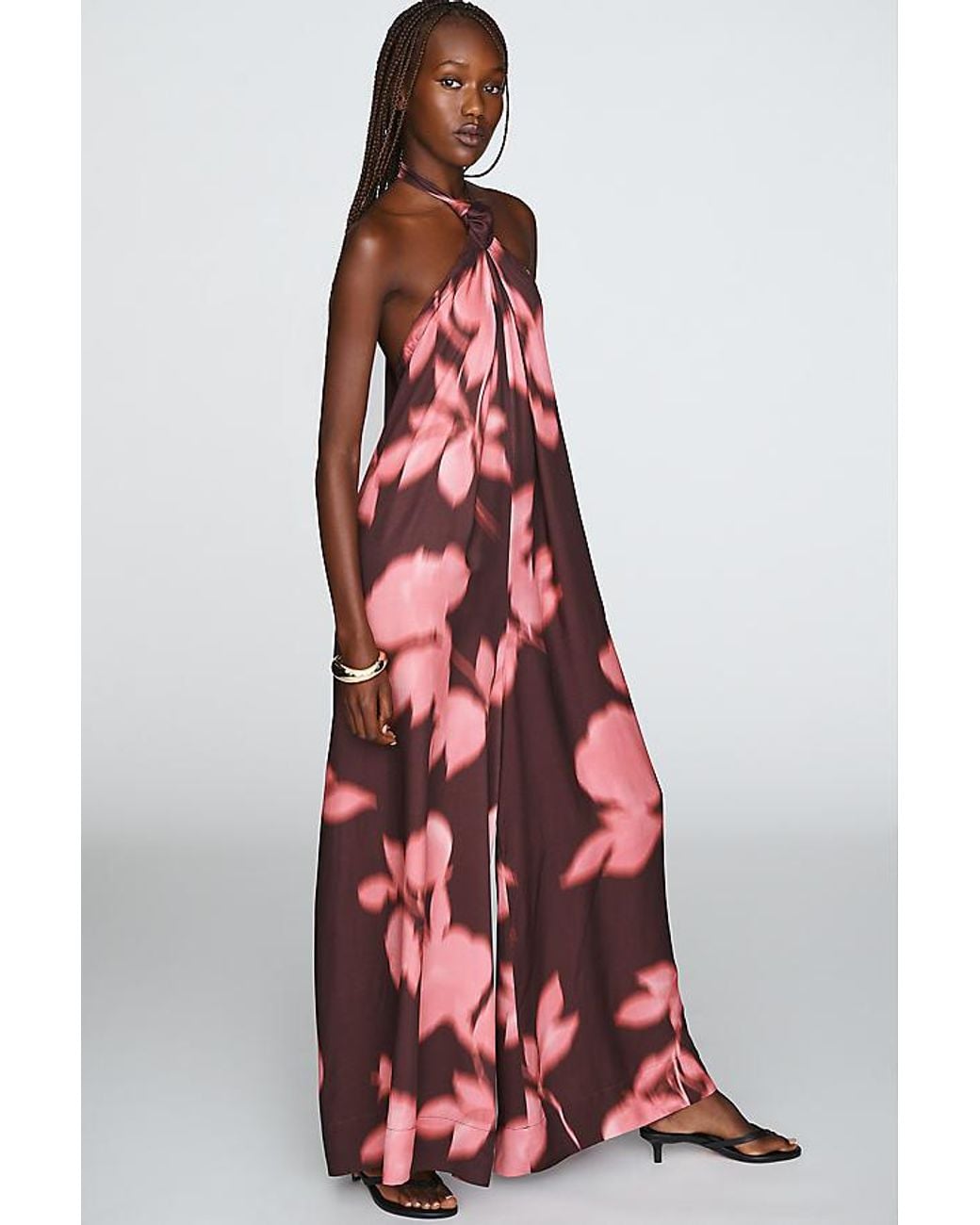 By Anthropologie Red Halter Wide-Leg Jumpsuit
