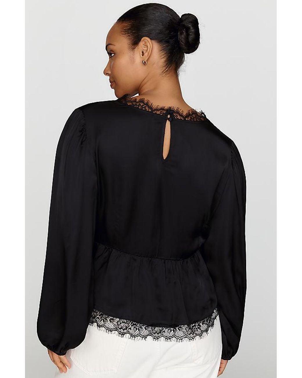 By Anthropologie Black Satin Lace Trimmed Plunge Blouse