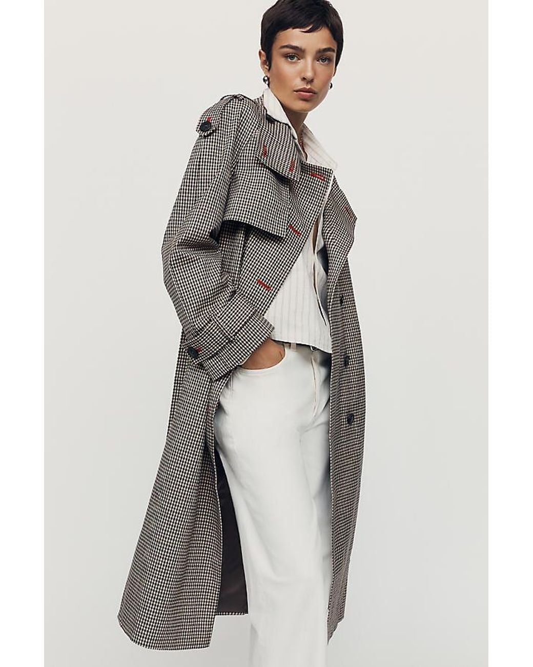 By Anthropologie Natural Lottie Check Maxi Trench Coat