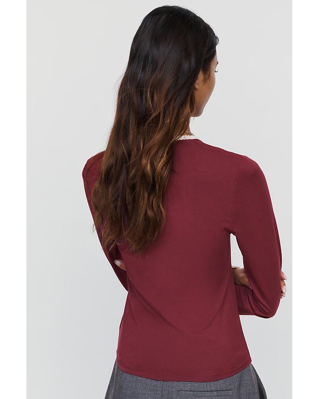 Maeve Red Lace-Trim Long-Sleeve Top