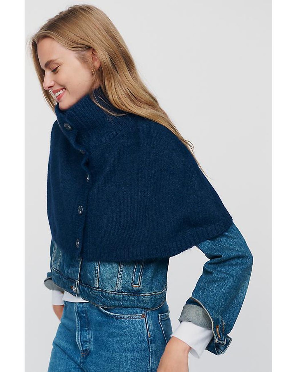 By Anthropologie Blue Cropped Funnel-Neck Poncho