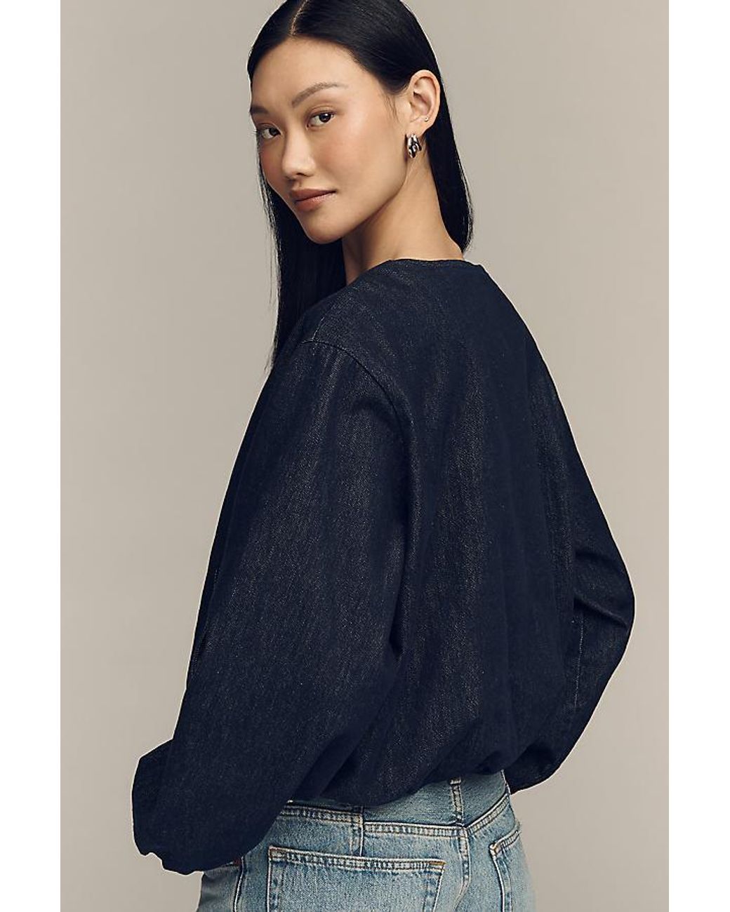 Pilcro Blue Cotton Denim Collarless Jacket
