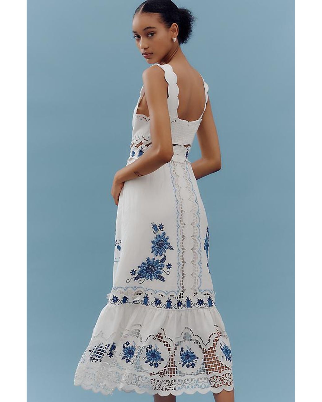 FARM Rio Cross-Stitch Richelieu Linen Dress in Blue | Lyst UK
