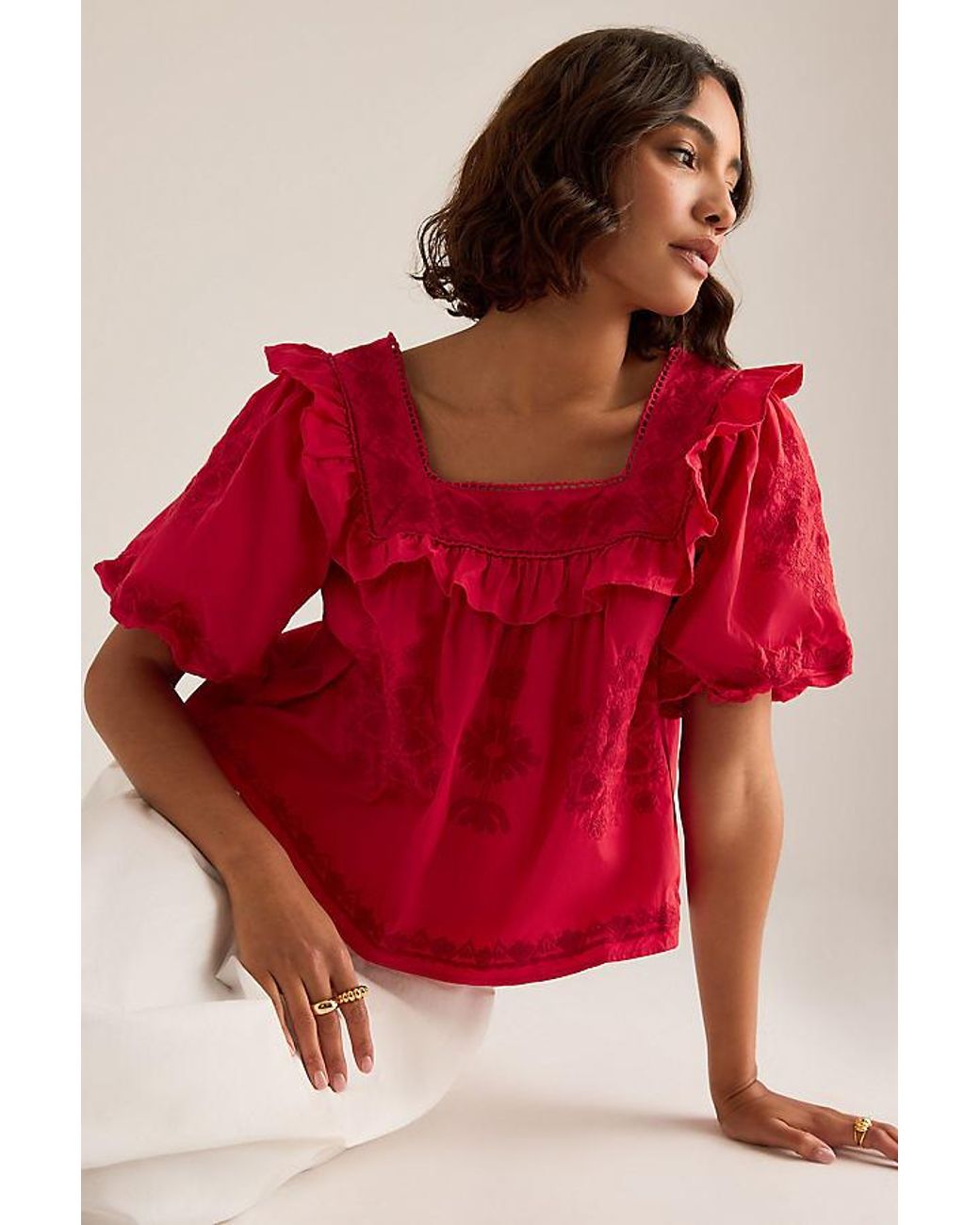 By Anthropologie Ruffle Puff-Sleeve Embroidered Blouse