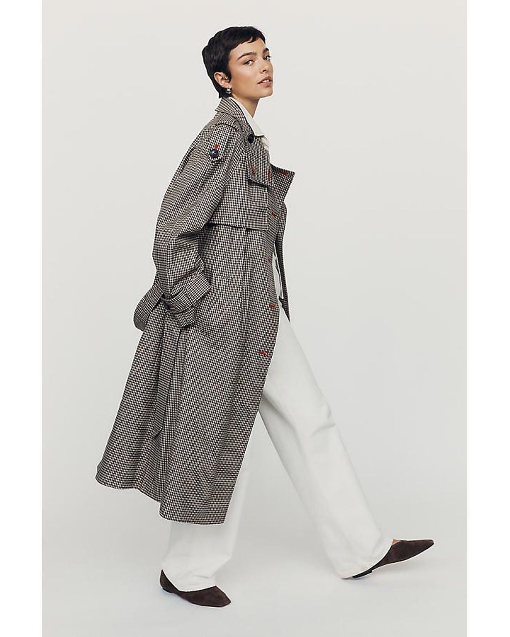 By Anthropologie Natural Lottie Check Maxi Trench Coat