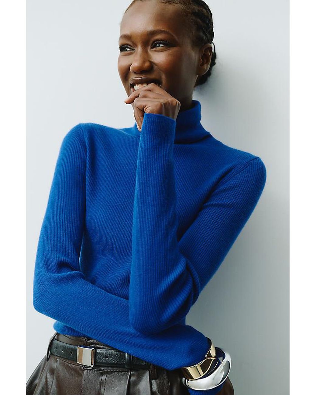 Maeve Blue 100% Cashmere Ribbed Turtleneck Top