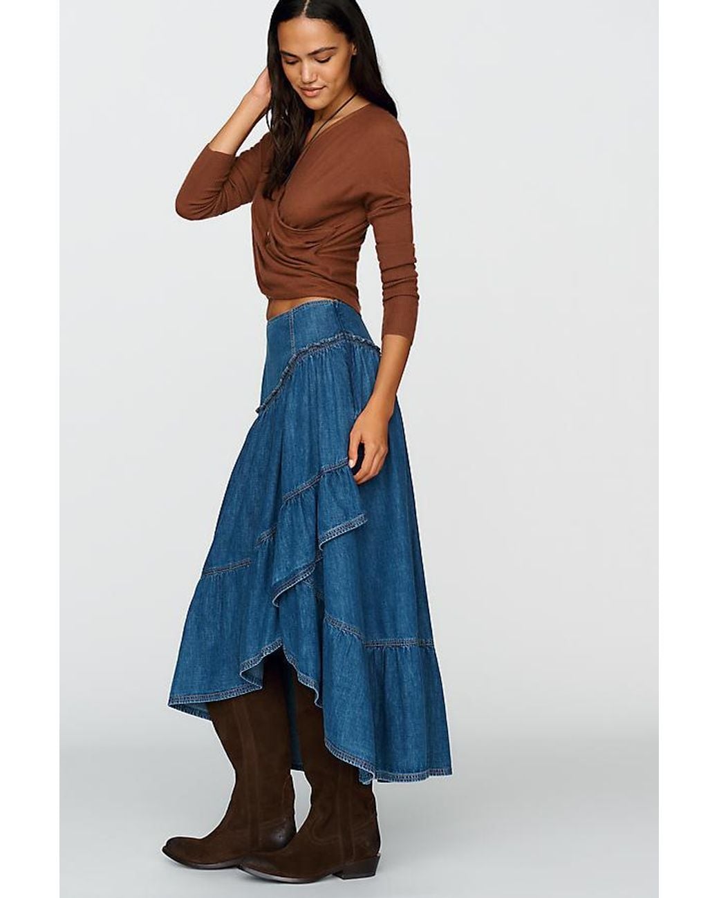 Pilcro Blue Denim Asymmetrical Tiered Skirt