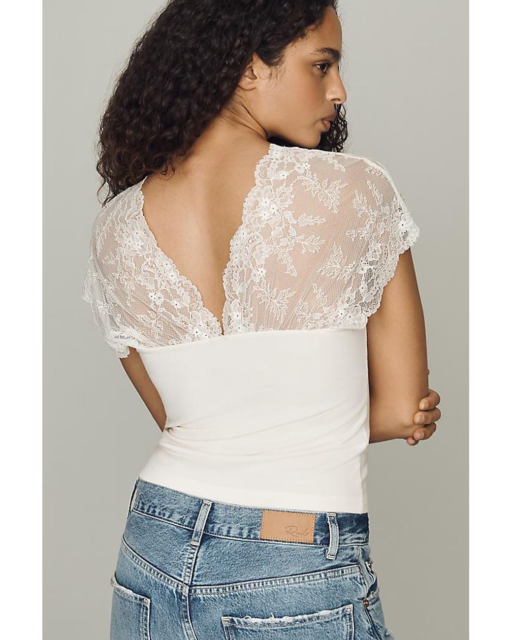 By Anthropologie Blue Lace Cap-Sleeve Top